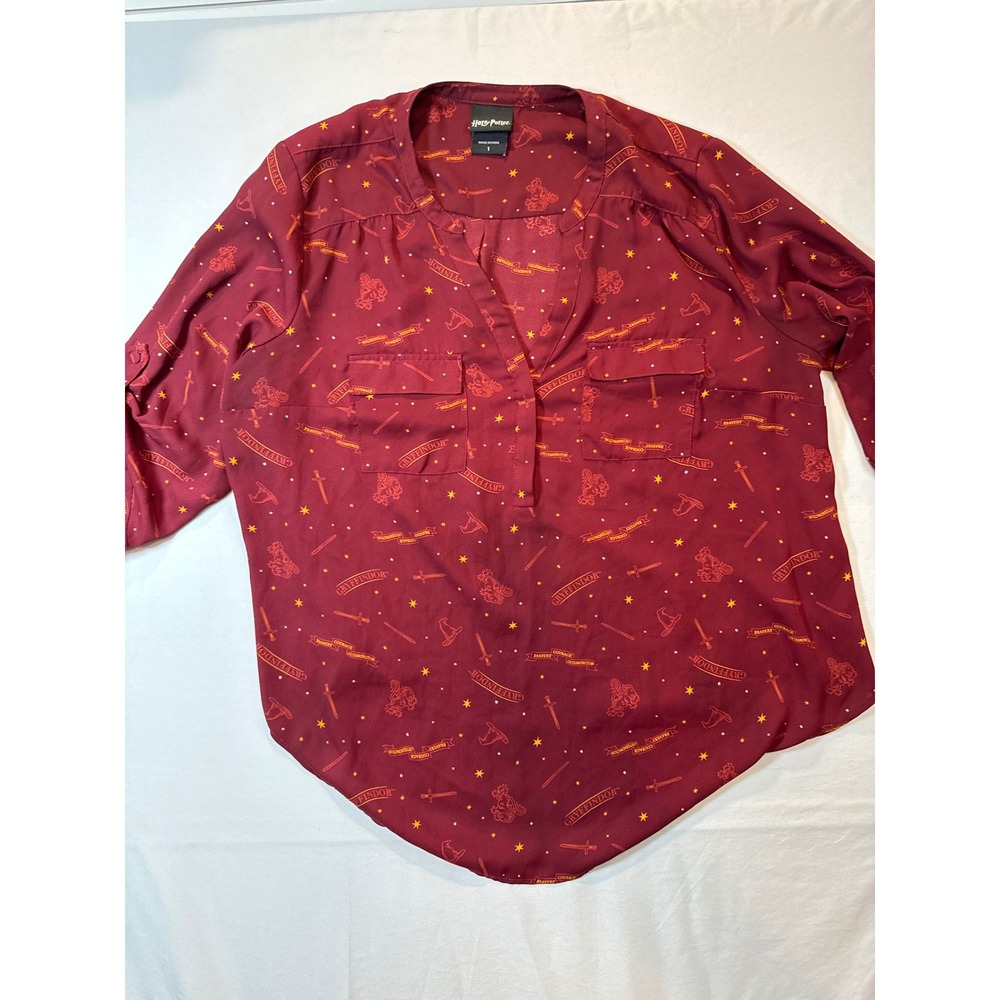 Harry Potter Gryffindor Blouse Womens 1 Maroon Roll Tab Sleeve Shirt 13927242